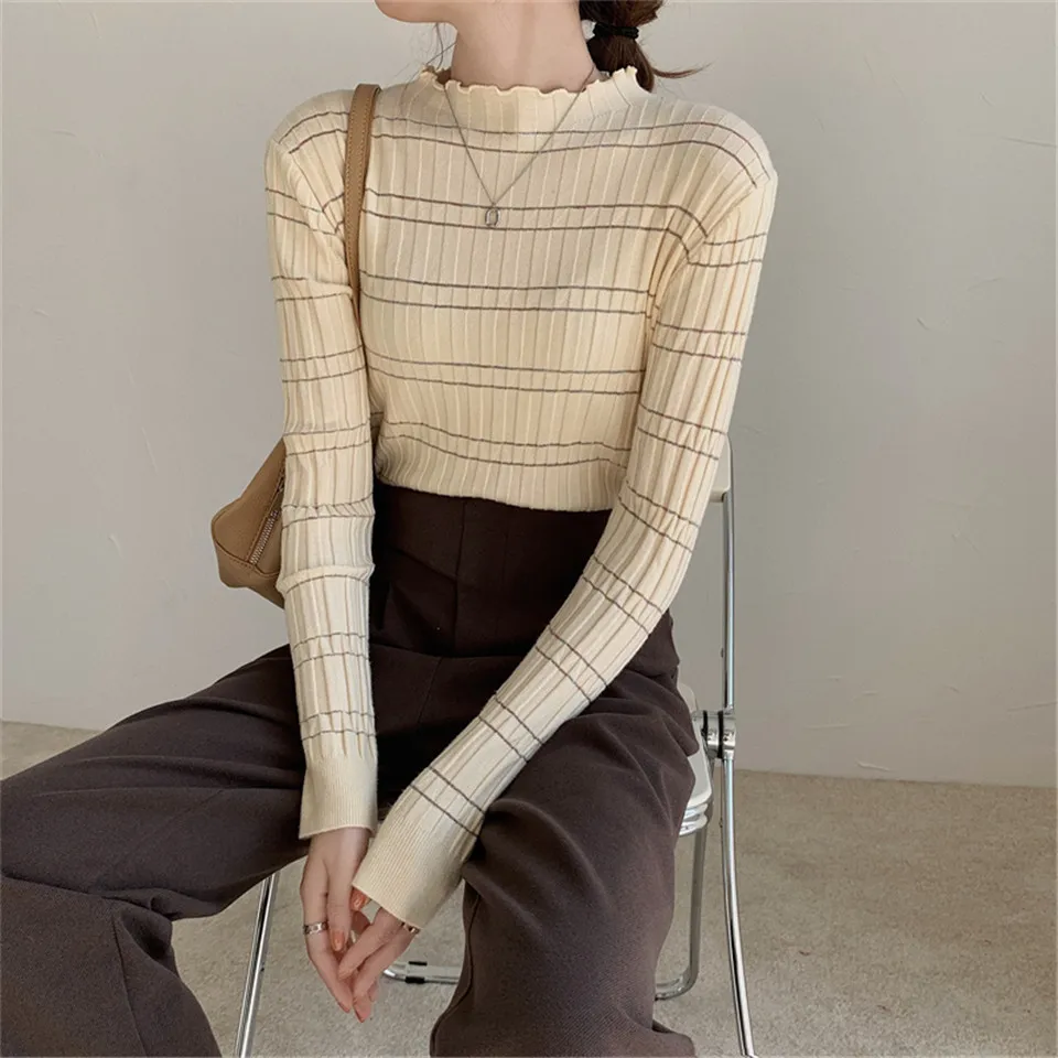 

Autumn Stripe Half Turtleneck Knit Sweater Women Winter Slim Knitted Pullovers Top Casual Long Sleeve Pullovers Sweaters Female