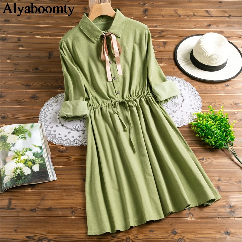 Японский Мори девушка осень весна женское мини платье отложной воротник зеленый