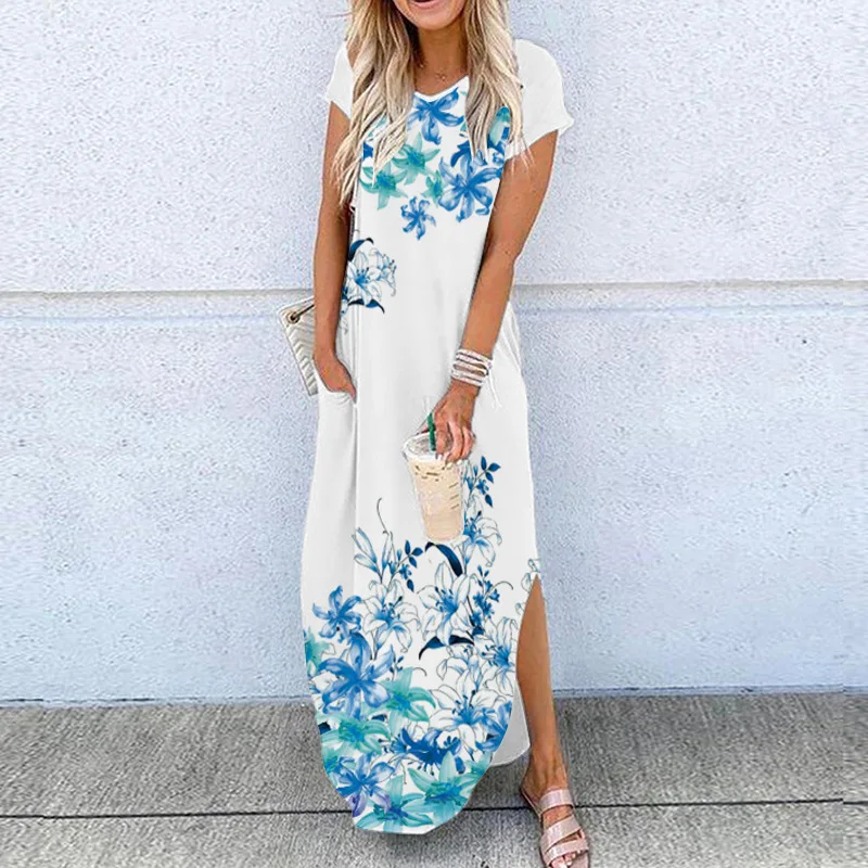 

3D Butterfly Floral Print Beach Holiday Dress Casual Loose V Neck Short Sleeve Pockets Side Split Elegant Long Robe Drersses
