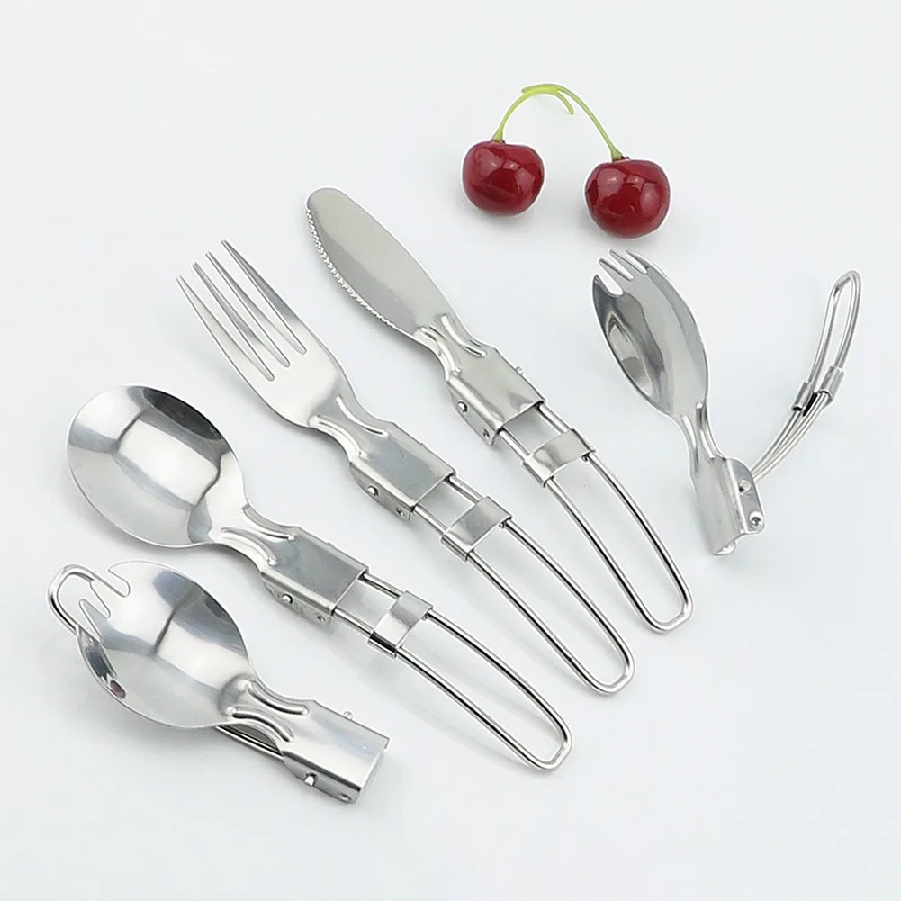 

Stainless Steel Foldable Camping Salad Spoon Fork Knives Utensil Picnic Flatware Tableware For Outdoor Hiking Travel Dining