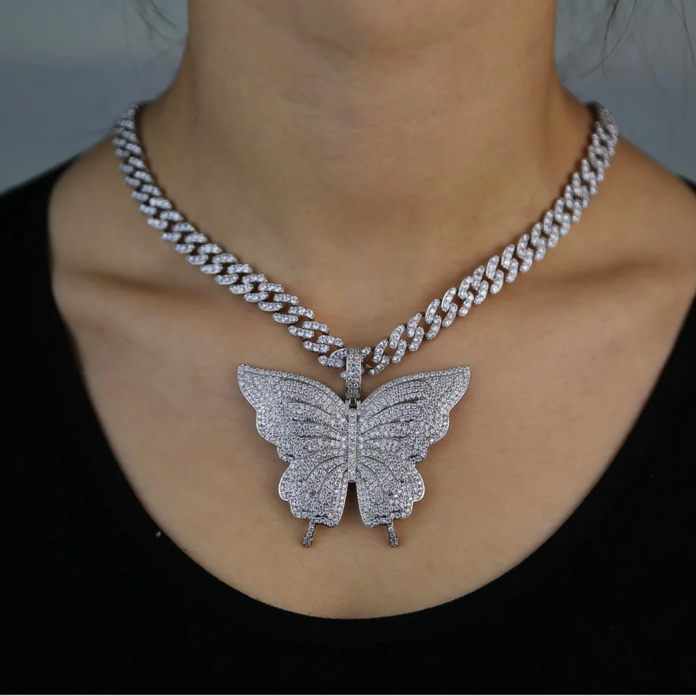 2024 микро паве CZ сверкающая большая бабочка кулон розовый золотой цвет хип-хоп 5А