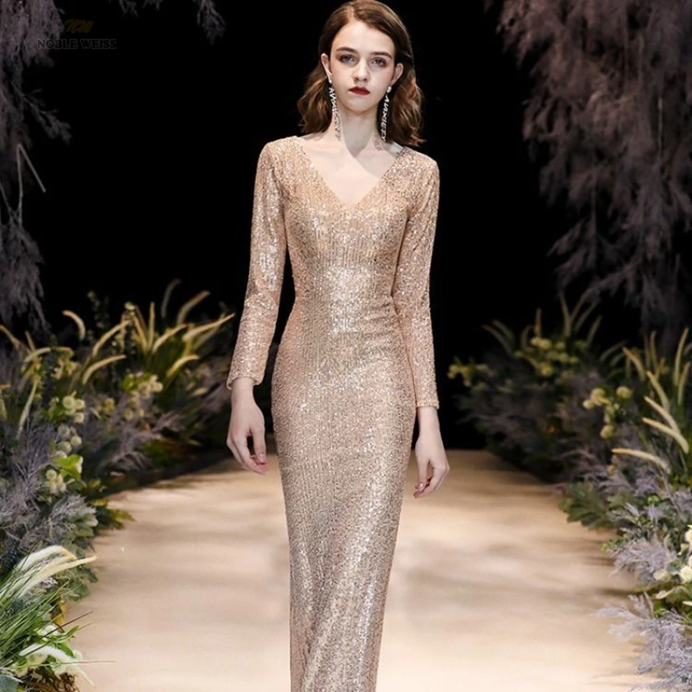 

Prom Dresses V-Neck Floor-Length Dresses Woman Party Night Sequined Mermaid Prom Dress with Sleeves