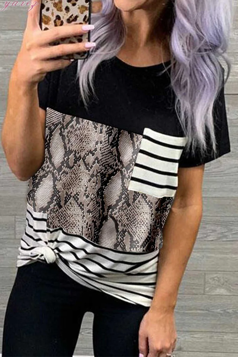 Женская футболка с коротким рукавом облегающая круглым вырезом и леопардовым