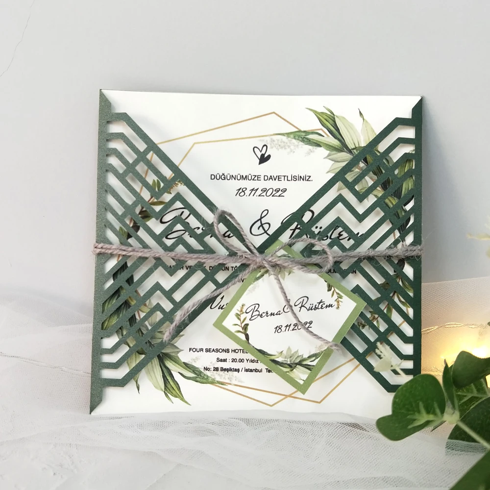 Зеленые приглашения на свадьбу в естественном стиле свадьбы и помолвки