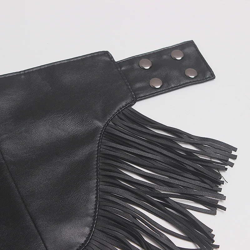 

[EAM] Pu Leather Black Irregular Stitch Tassels Wide Belt Personality Women New Fashion Tide All-match Spring 2021 1Y056