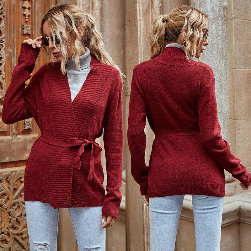 

Зимние элегантные OL женские кардиганы 2020 Повседневный длинный рукав пояс свободный вязаный свитер пальто