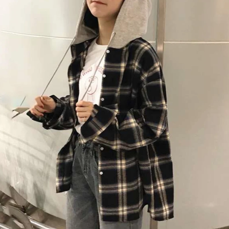 

Oversize Plaid Hooded Women Basic Jackets Long Sleeve Lace-up Patchwork Women Coats Korean Preppy-style Students Casual Outwear