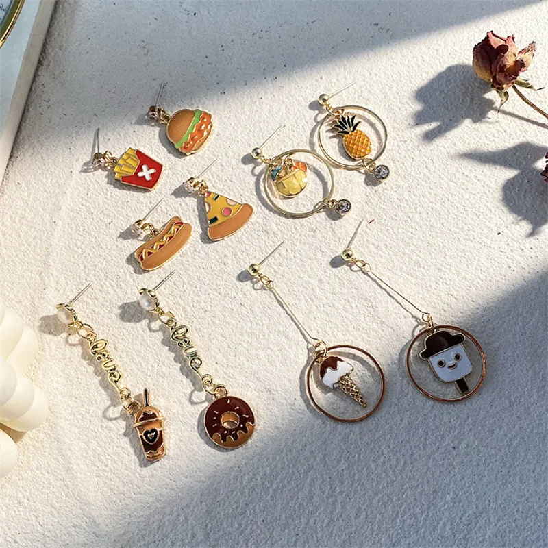 

New Sweet Cute Hamberg Pizza Ice Cream Chips Dangle Drop Earring For Woman Girl Female Ins Food Fruits Drink Drop Shipping Bulk