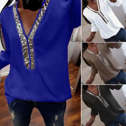 

New Fashion Women Sequins Stitching Tops Sexy Loose Blouse Shirts Long Sleeve Elegant V-Neck Casual Blouses