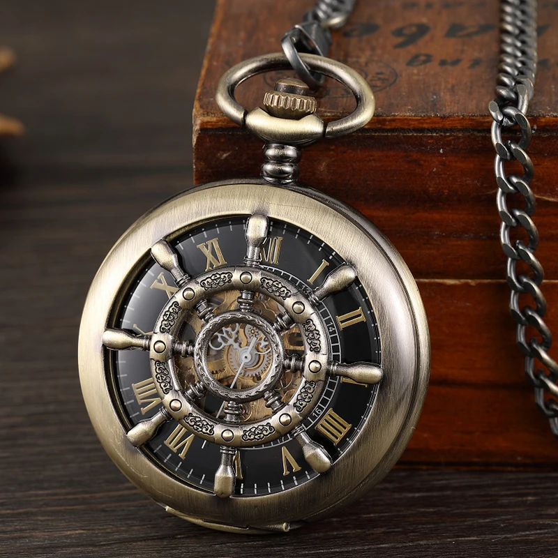Steering Wheel Mechanical Pocket Watch Antique Roman Numerals Fob Chain Hanging Waist Clock with Gift Box for Men Dropshipping