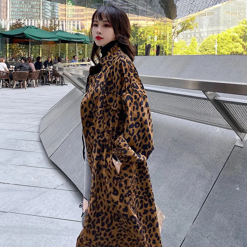 

2020 Women's Casual Long Leopard Trench Coat Spring Autumn vintage Drawstring Waist Windbreaker Outerwear For Woman G198