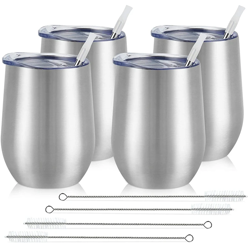 

4 Pack 12Oz Stainless Steel Stemless Wine Glasses, Insulated Wine Tumbler, Stainless Steel Wine Tumbler Cups with Lids