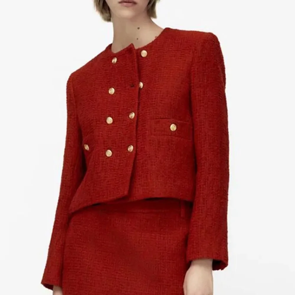 

Женский двубортный Блейзер, Красный Текстурированный блейзер с круглым вырезом и длинным рукавом, Повседневная винтажная куртка с металли...