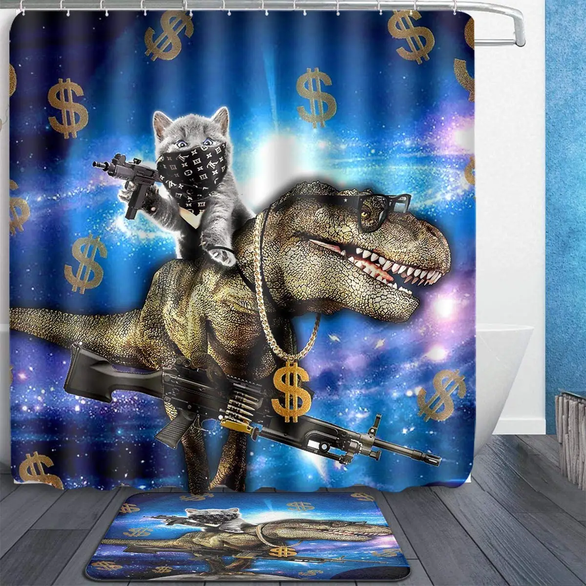 

Занавеска для душа в виде космического кота динозавра T-rex с пистолетами