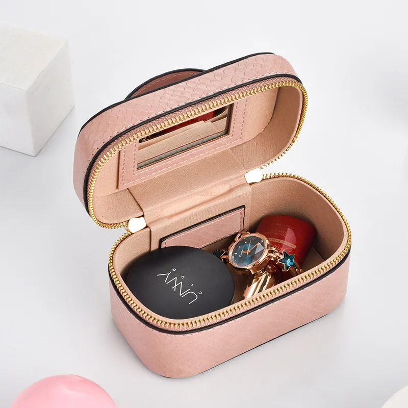 

VoltaBox 2021 New Simple Travel Portable Necklace Ring Storage Jewelry Box Leather Solid Color Zipper Earrings Organizer