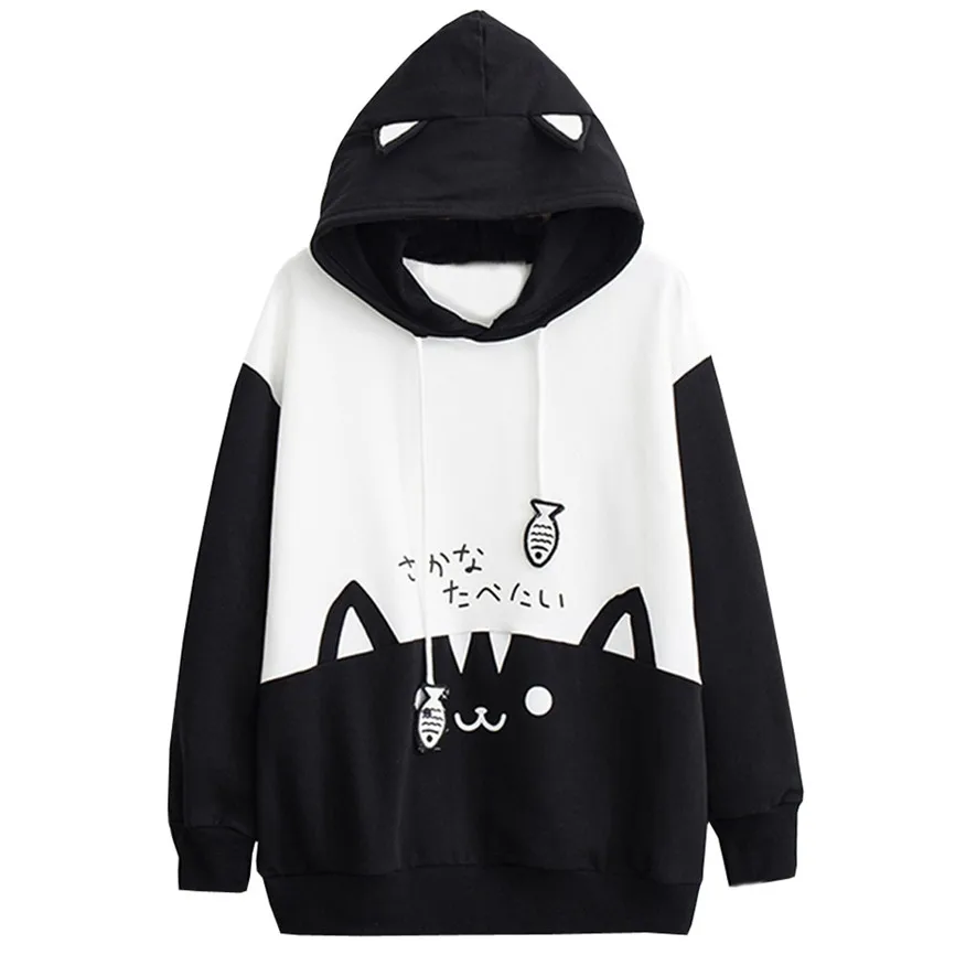 Kpop Женская одежда оверсайз женская s повседневная с длинным рукавом Kitty Cat Печать Карманный тонкое худи Блуза Топ рубашка милый свободный флис