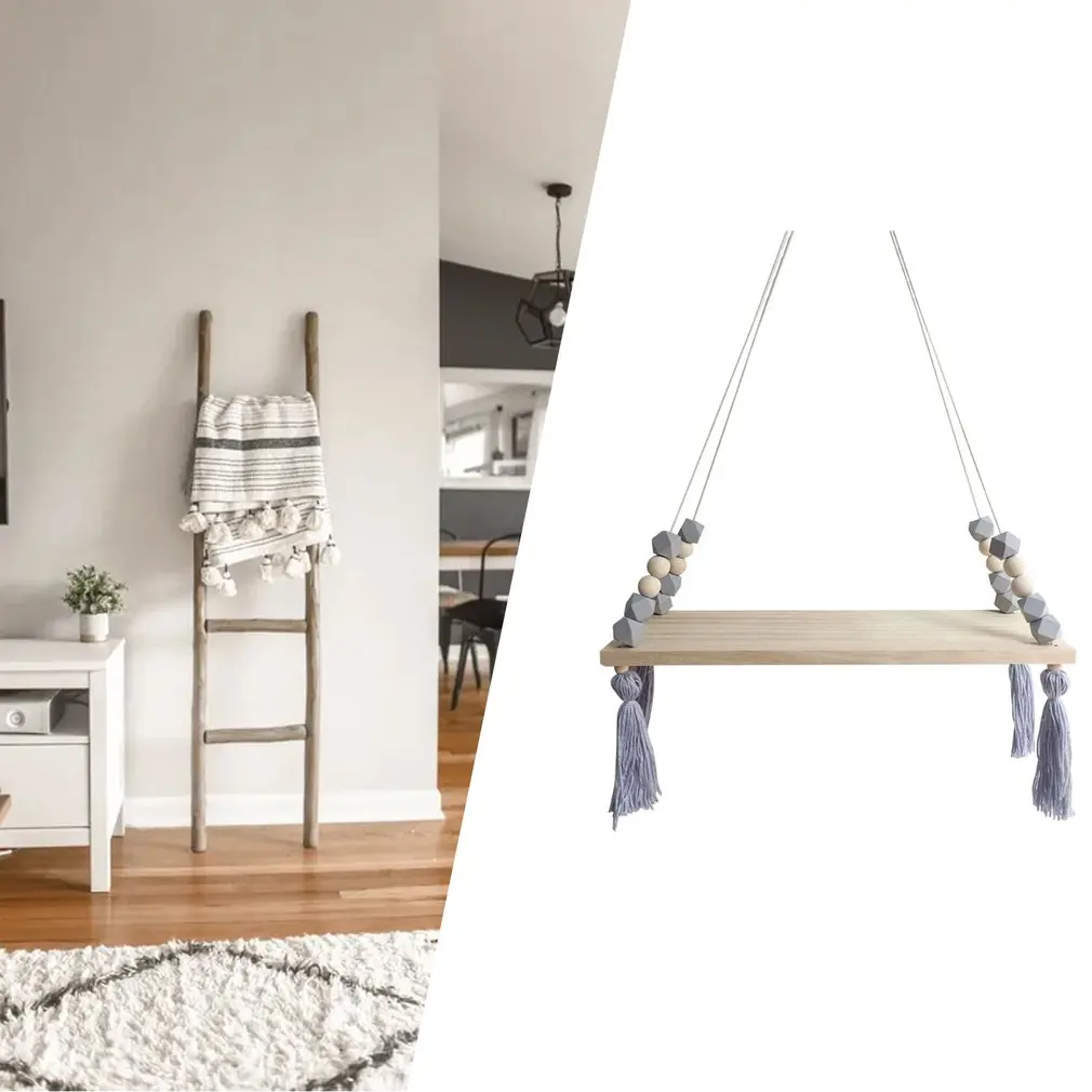 

Nordic Display Wall Hanging Shelf Swing Rope Floating Shelves with Rope String Home Decorative Light Gray