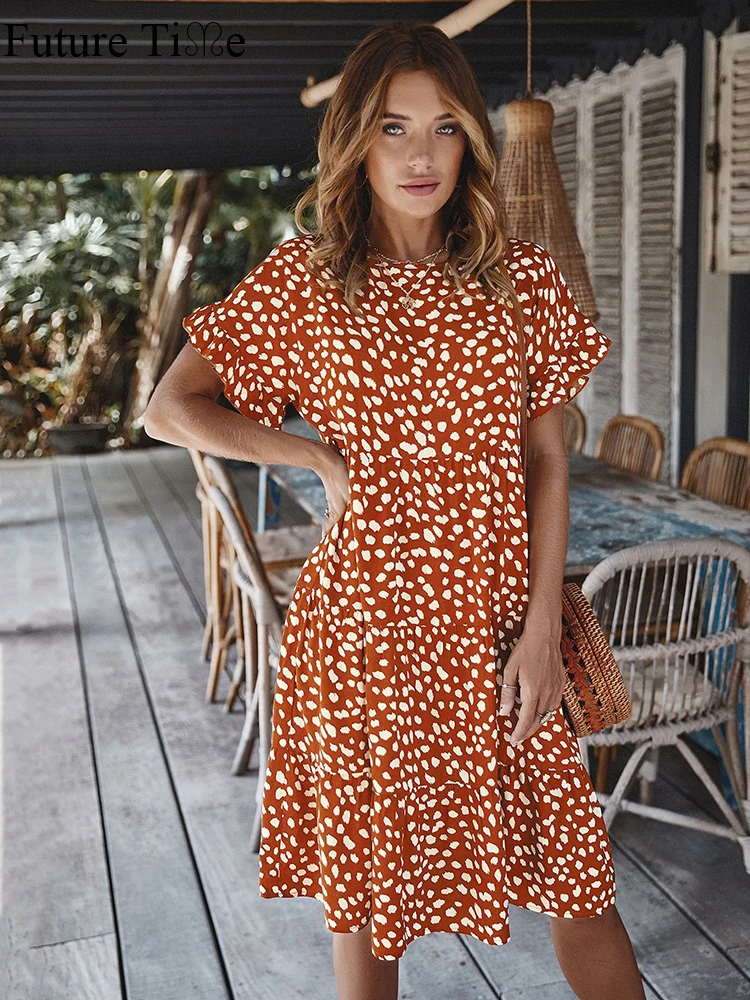 

Future Time 2023 Spring Ruffle Sleeve Polka Dot Light Mature Dress Loose Short Sleeve Casual Street Dress Six Colors SP509
