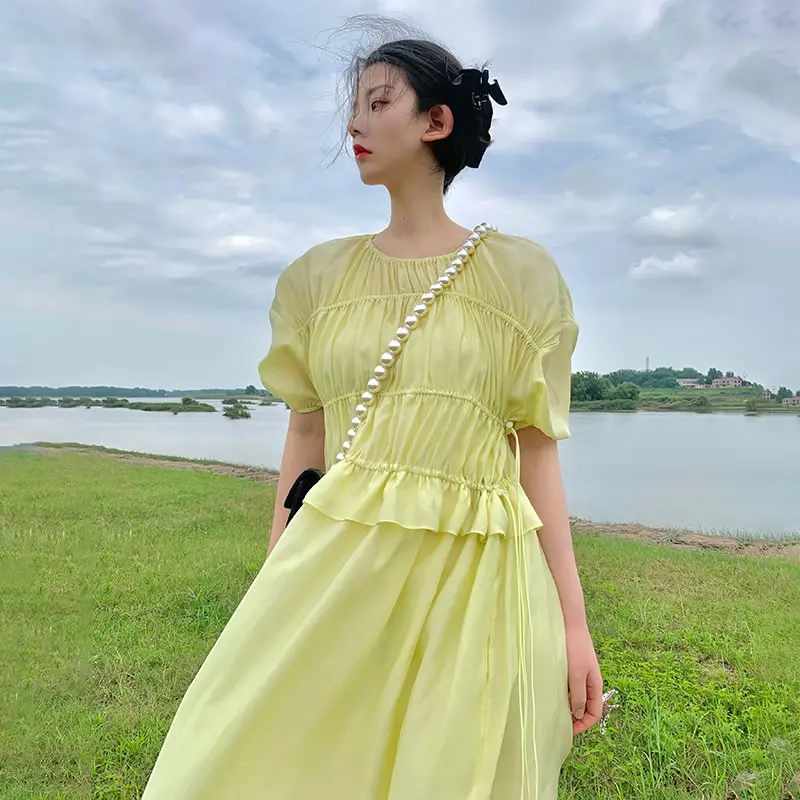 

XITAO Solid Color Women Dress Draw String Folds Splicing Fashion Summer New Puff Sleeve Simplicity Temperament Women WMD1722