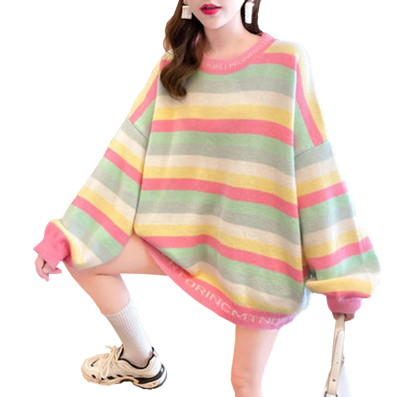 

Повседневный Женский пуловер в полоску, винтажные вязаные свитера, женская трикотажная одежда с длинным рукавом FC1619