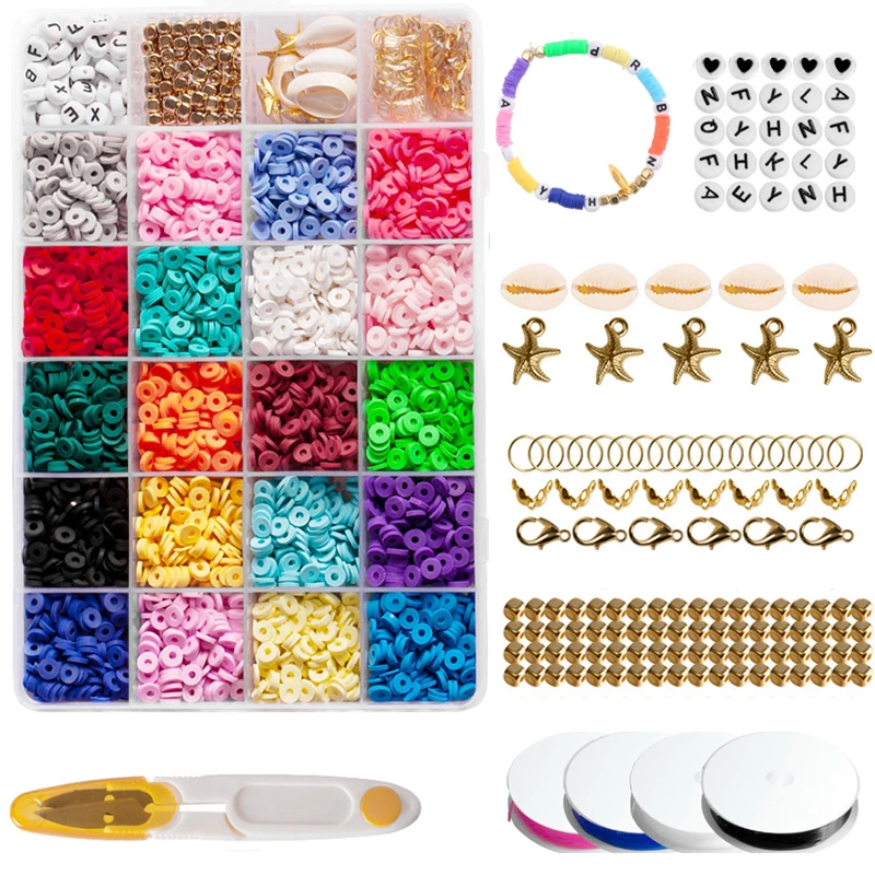 

Комплект бусин из полимерной глины, свободные шармы с буквами, эластичная нить, застежка-карабин, колечки, аксессуары для браслетов