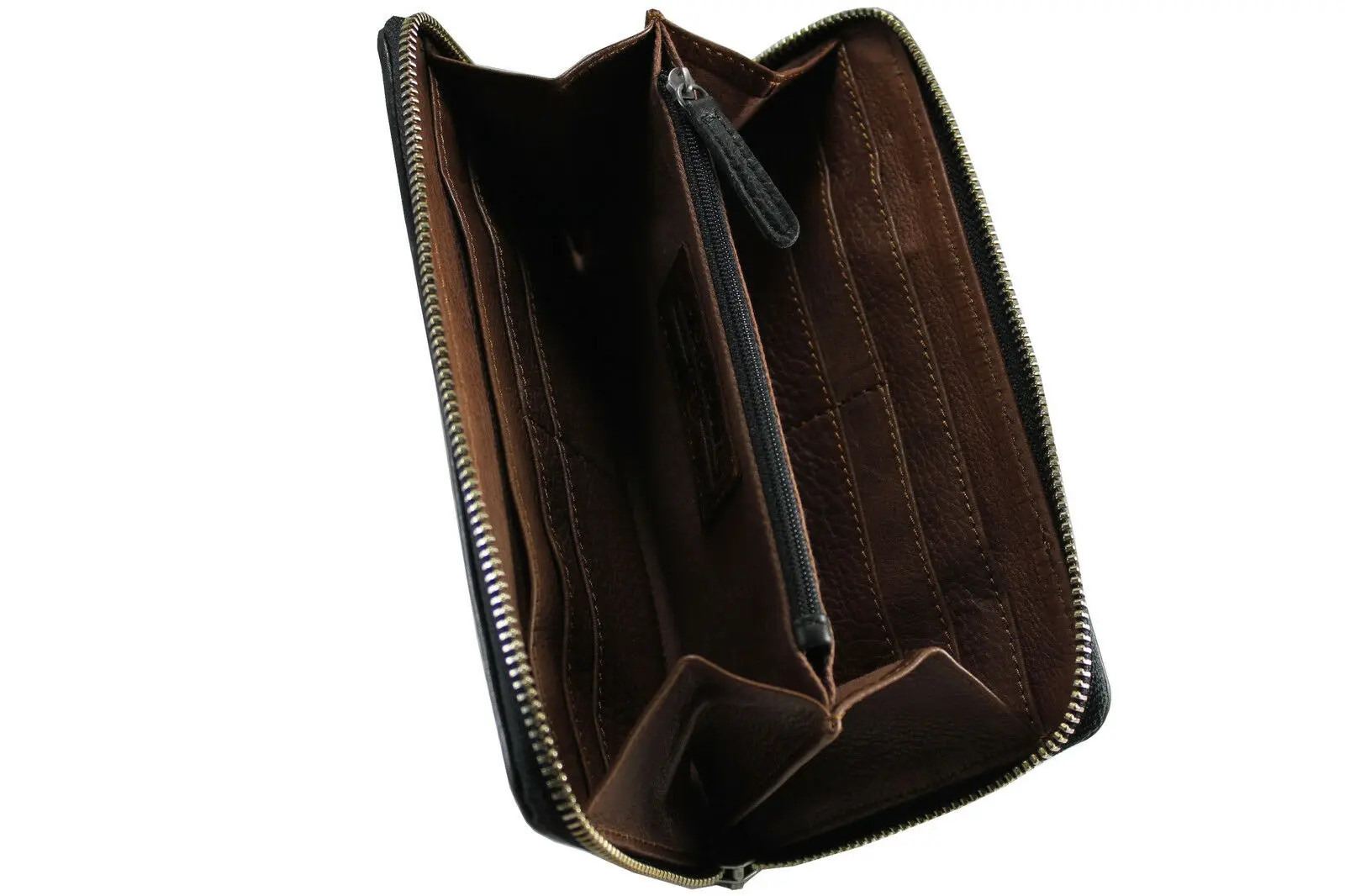 Двухцветный длинный коричневый кошелек из натуральной кожи черный на молнии с