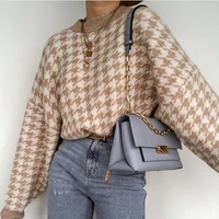 zsiibo women geometric khaki knitted sweater casual houndstooth lady pullover sweater female autumn winter retro jumper