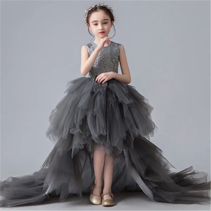 Серые платья с высоким и низким цветочным рисунком для девочек Свадебное бальное