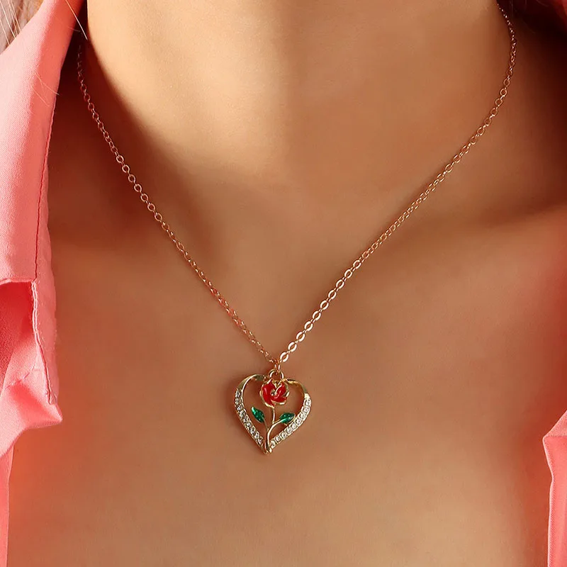 

Ins Gold Chain Red Rose Flower Love Heart Saint Valentine's Day Piercing Pendant Choker Necklaces Trendy Korean Fashion Jewelry