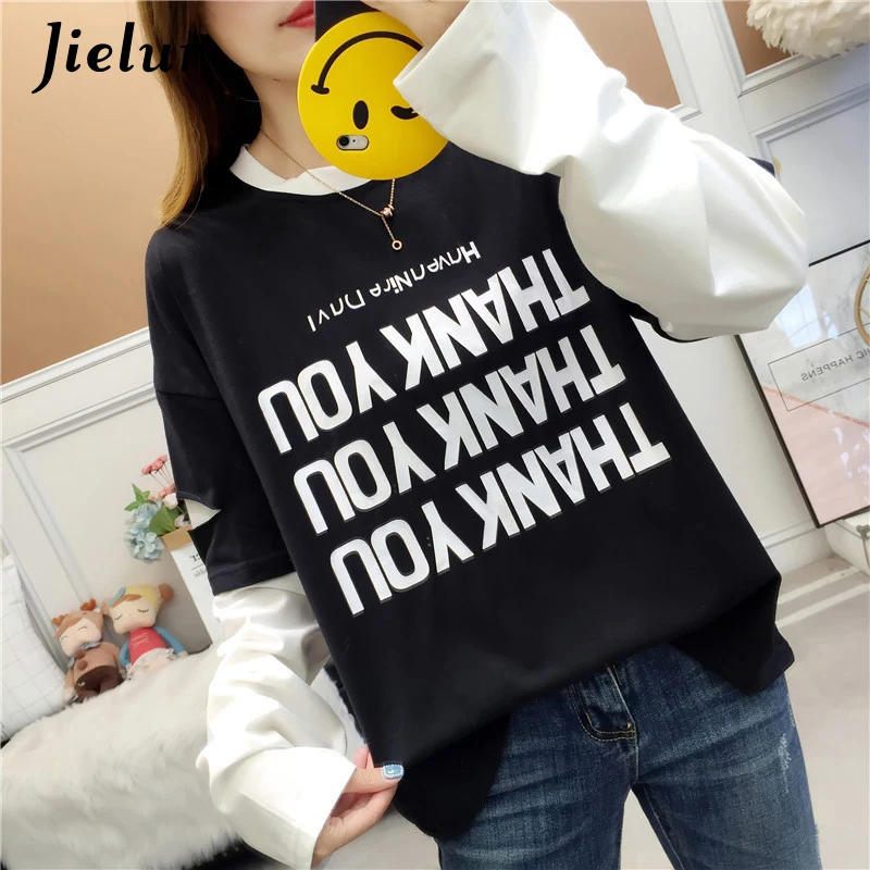Jielur Осенние футболки с буквенным принтом для женщин с дырками черная Лоскутная футболка Женская Весенняя корейский шикарная свободная футболка с длинным рукавом