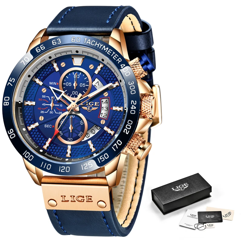

LIGE Fashion Blue Leather Mens Watches Top Brand Luxury Sport Chronograph Quartz Watch Men Casual Waterproof Wrist Watch Male
