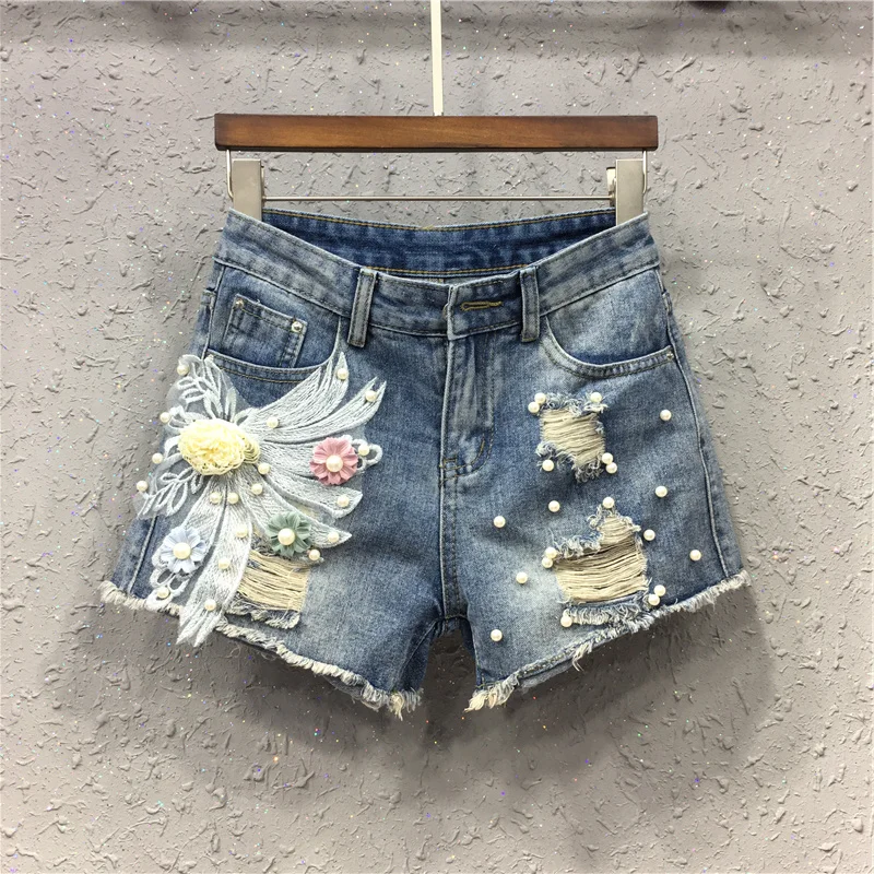 

Shorts Women Denim Short Straight Women High Waist Tassel Beading 3D Floral Embroidery Summer Shorts Femme Slim Jeans Short