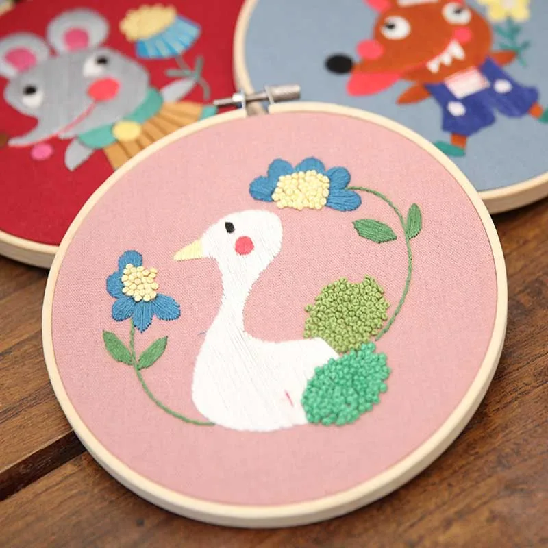 Cartoon Animal Embroidery Kit with Bamboo Hoop DIY Needlework Cross Stitch Handmade for Beginner Sewing Art Gift Home Decor | Дом и сад