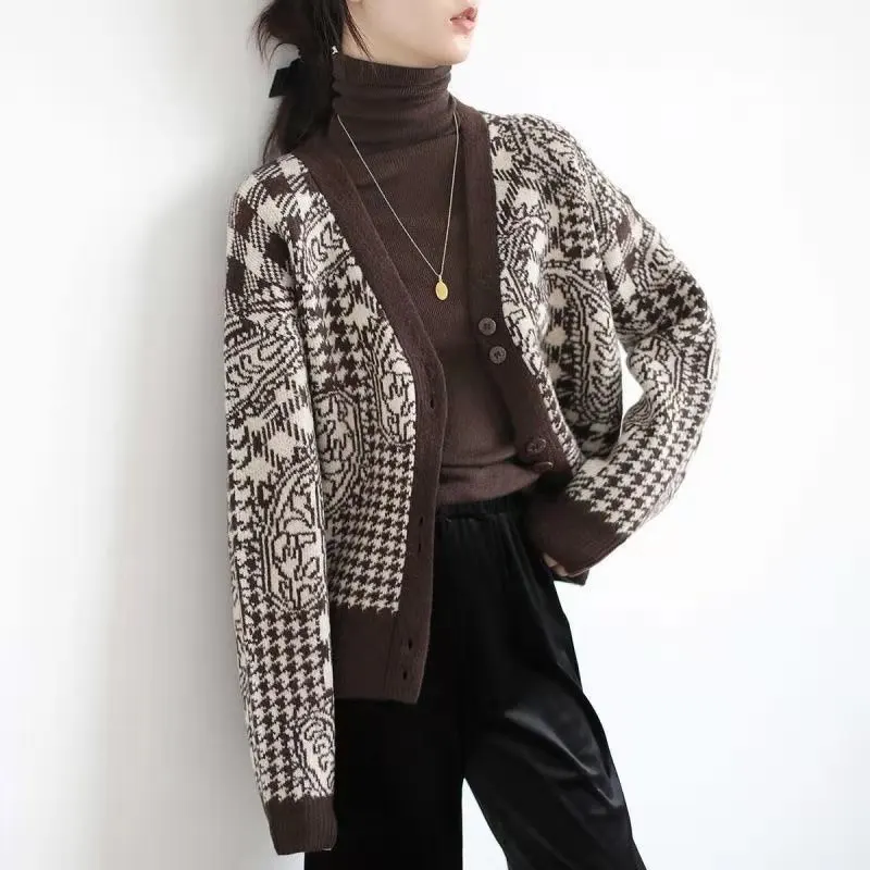 

Женский винтажный кардиган в клетку, Черный Повседневный трикотажный кардиган с длинным рукавом, осень 2022