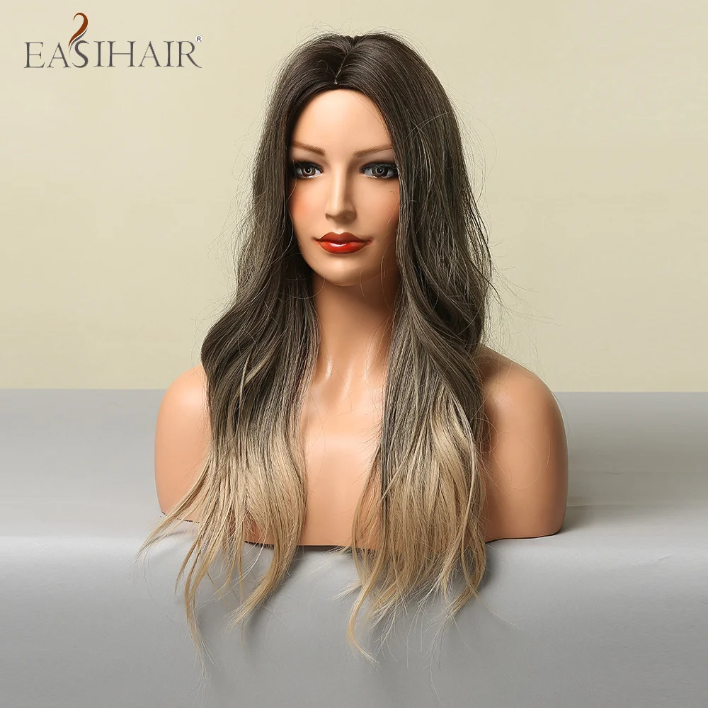 EASIHAIR Ombre marrón onda larga Cosplay sintético pelucas para mujeres negras Afro cabello Natural resistente al calor de la parte media de uso diario