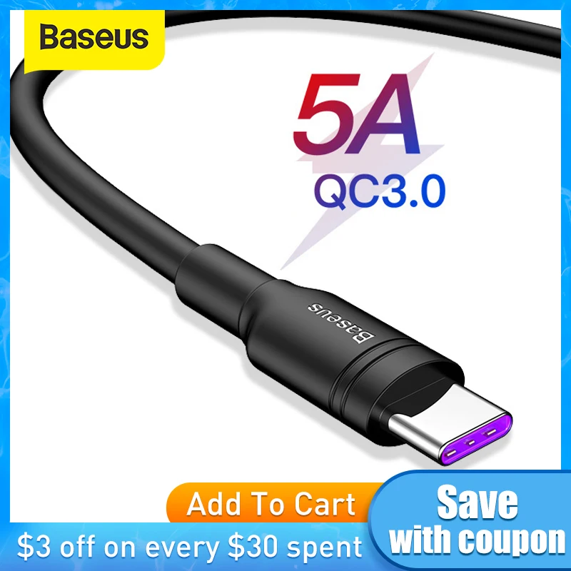 Baseus 5A USB Type C кабель для Huawei P30 Mate 30 Pro Supercharge Quick Charge 3 0 Быстрая зарядка Xiaomi 9 зарядное