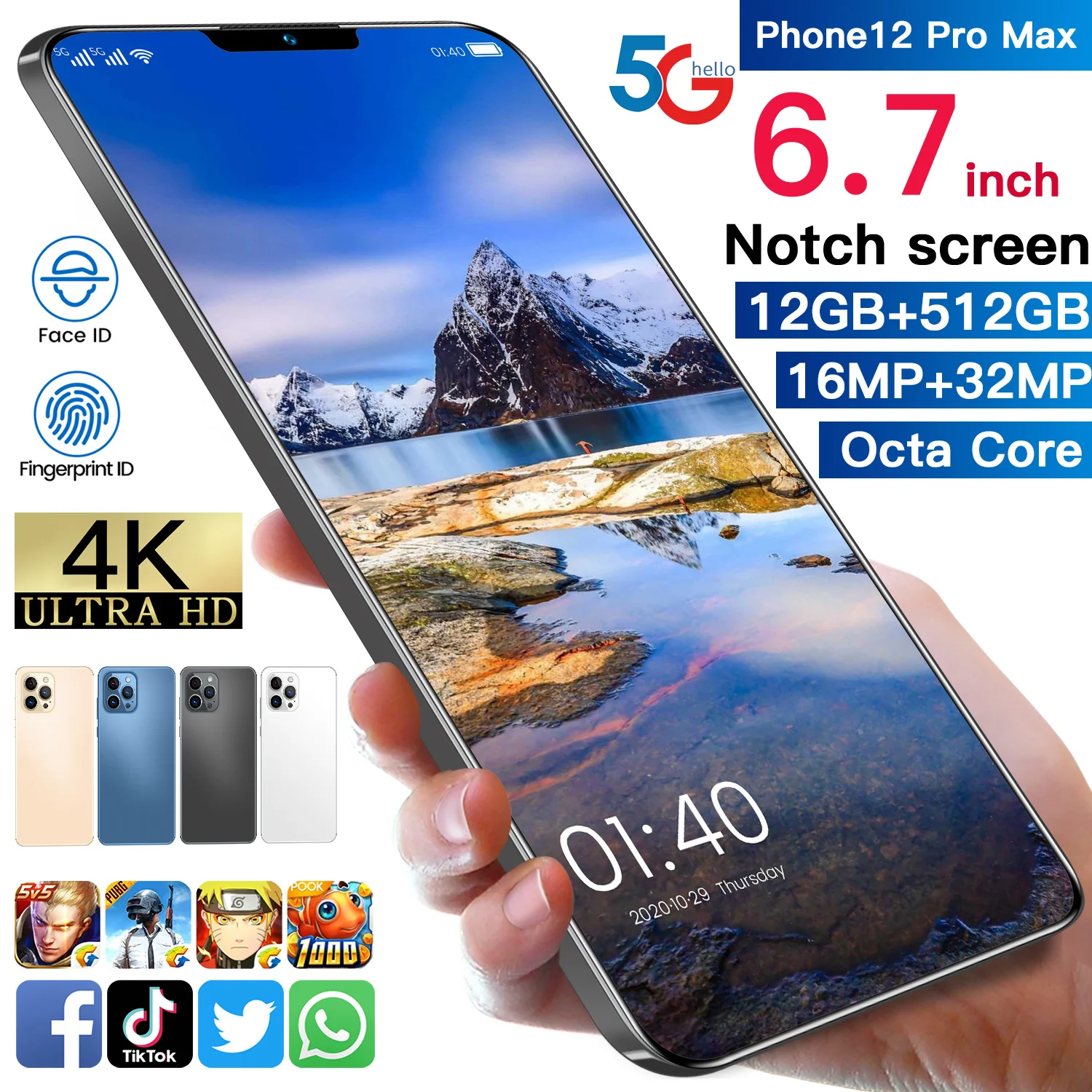 

Surprise Special Price 12 Pro Max Mobile Phone 6.7Inch Triple Camera 12GB 512GB Smartphone 5G Face Recognitio