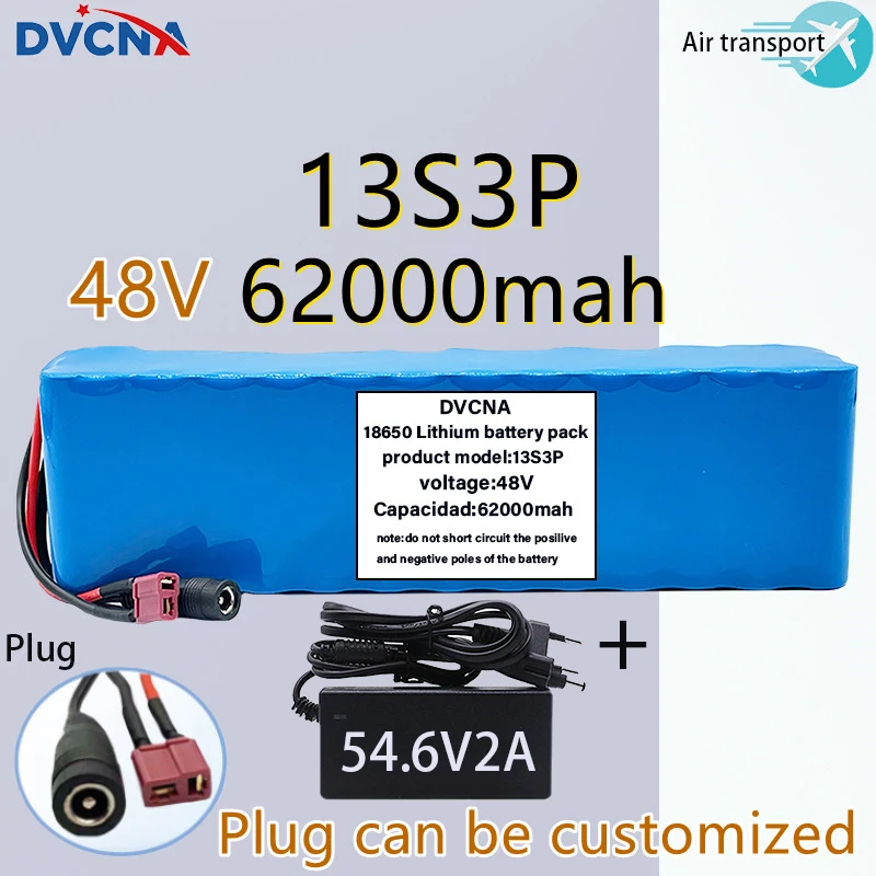 

New 48V 62000mAh 1000w 13S3P T-Plug 48V Lithium ion Battery Pack 62Ah For 54.6v bicycle Scooter with BMS with charger