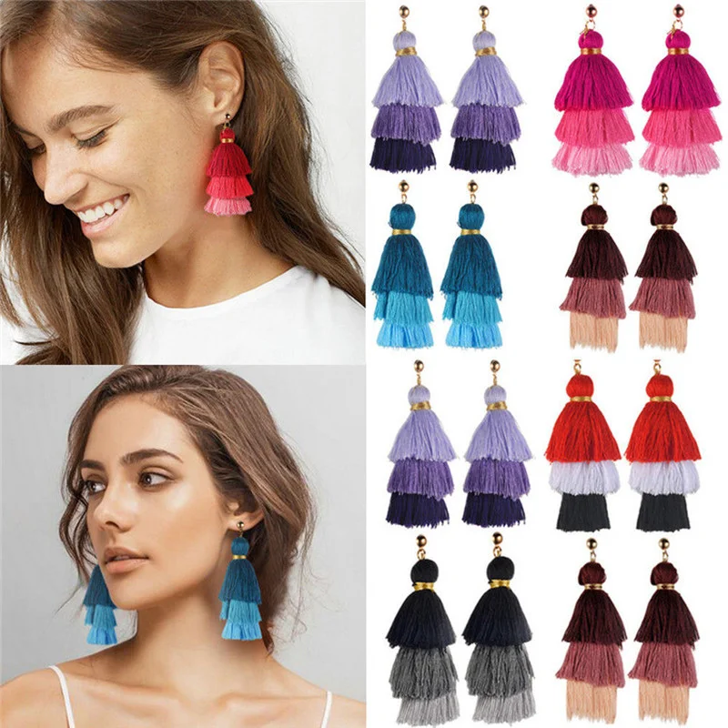 

2021 Ethnic Style Gradient Color Tassel Dangle Earrings for Women Jewelry