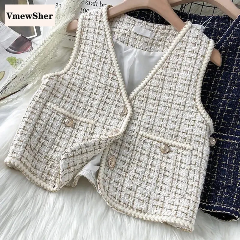 

VmewSher Vintage Autumn Winter Women Woolen Waistcoat Office Lady Elegant Sleeveless Jacket Buttons Fashion Short Vest Outwear
