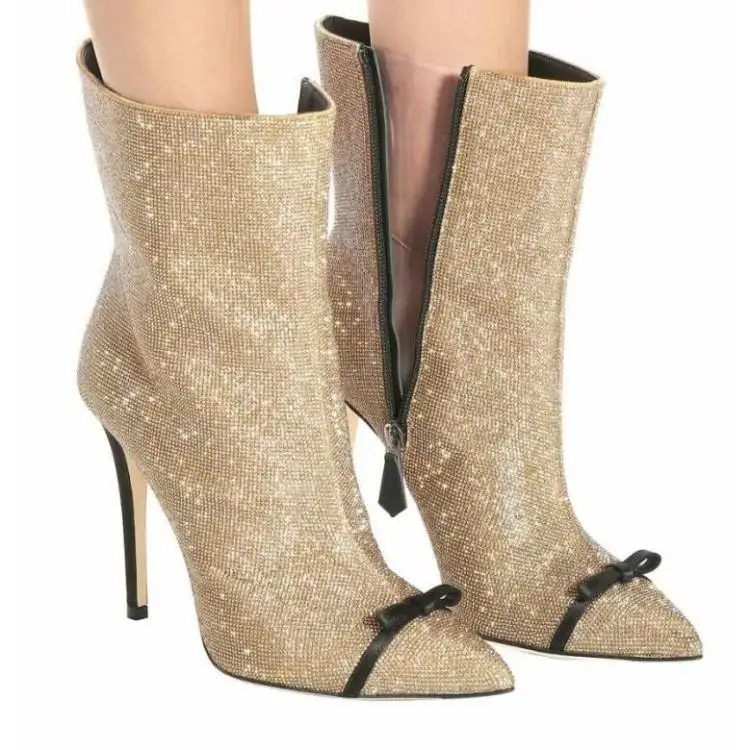 Женские милые ботильоны с бантом и золотыми стразами женские полусапожки на