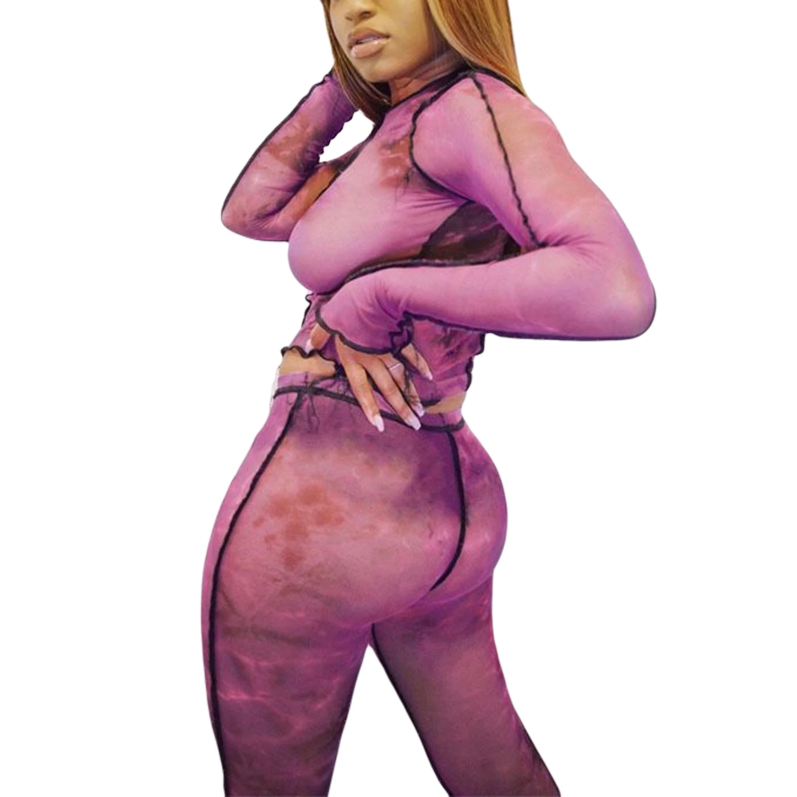 

Женские повседневные комплекты одежды из 2 предметов с длинными рукавами и принтом тай-дай лоскутный короткий топ + обтягивающие штаны для д...