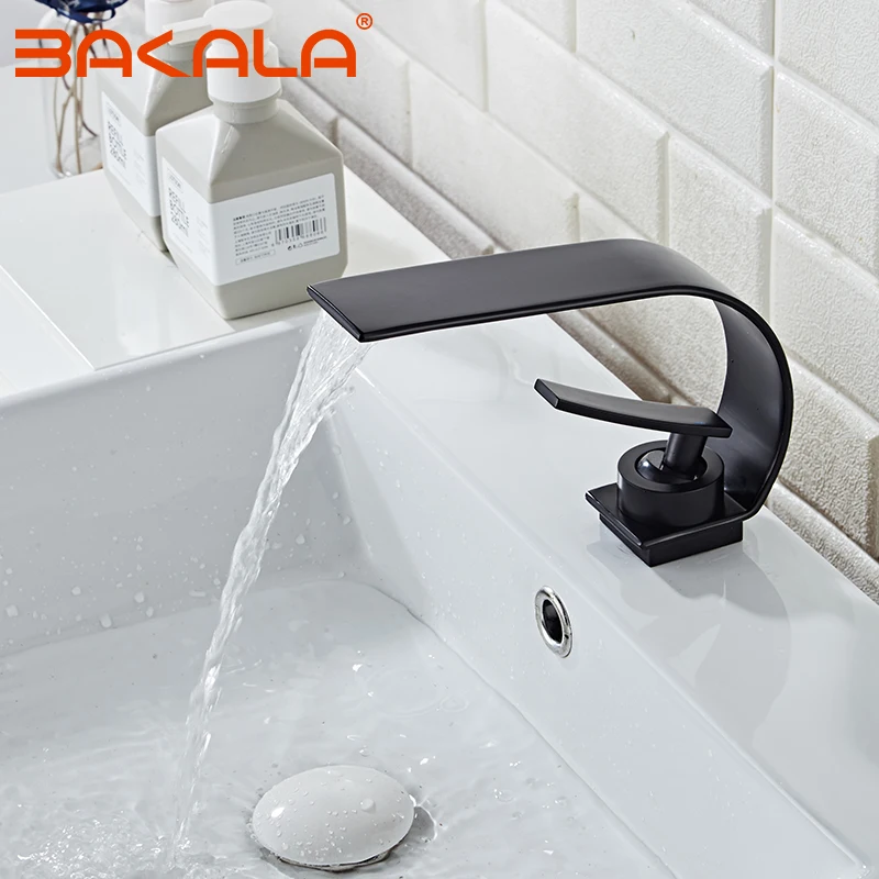 Кран для раковины BAKALA черный латунный столешница крепление на палубе водопад