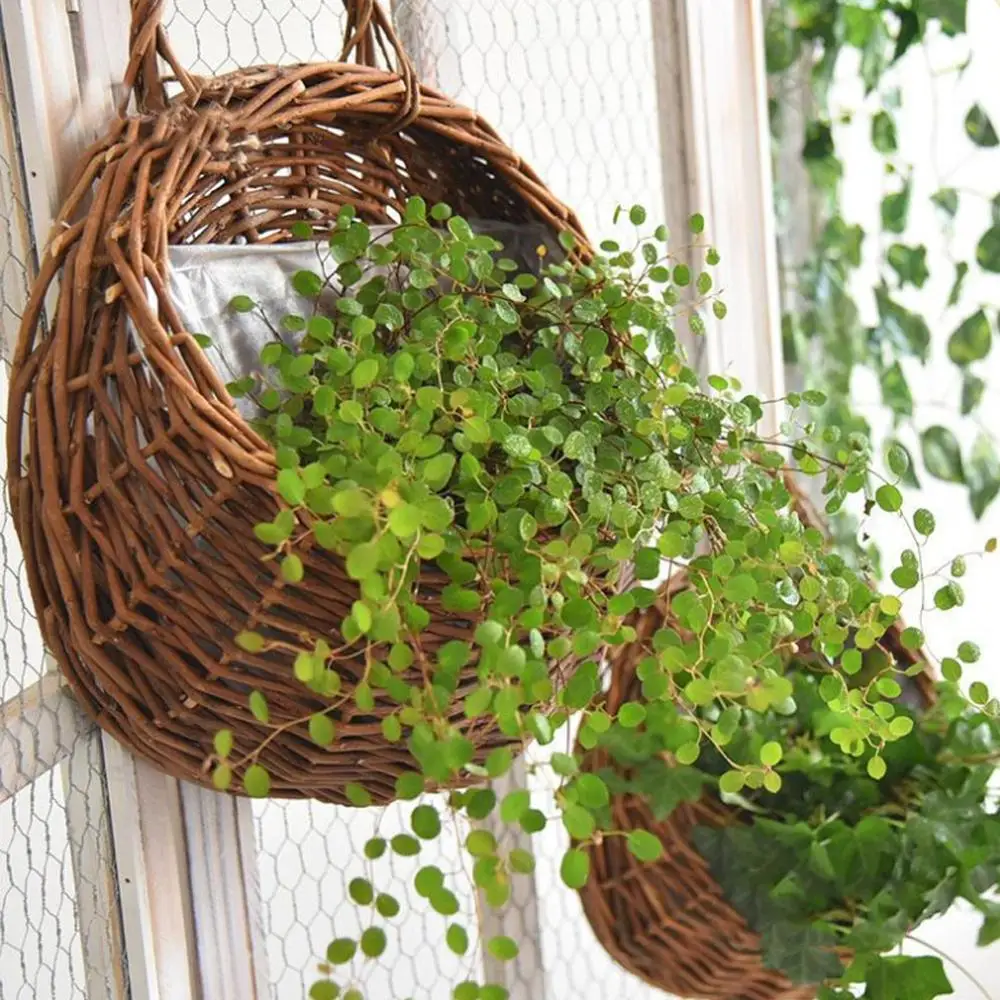 

Hand Made Wicker Rattan Flower Basket Green vine Pot Planter Hanging Vase Container Wall Plant Basket For Garden Free shipping