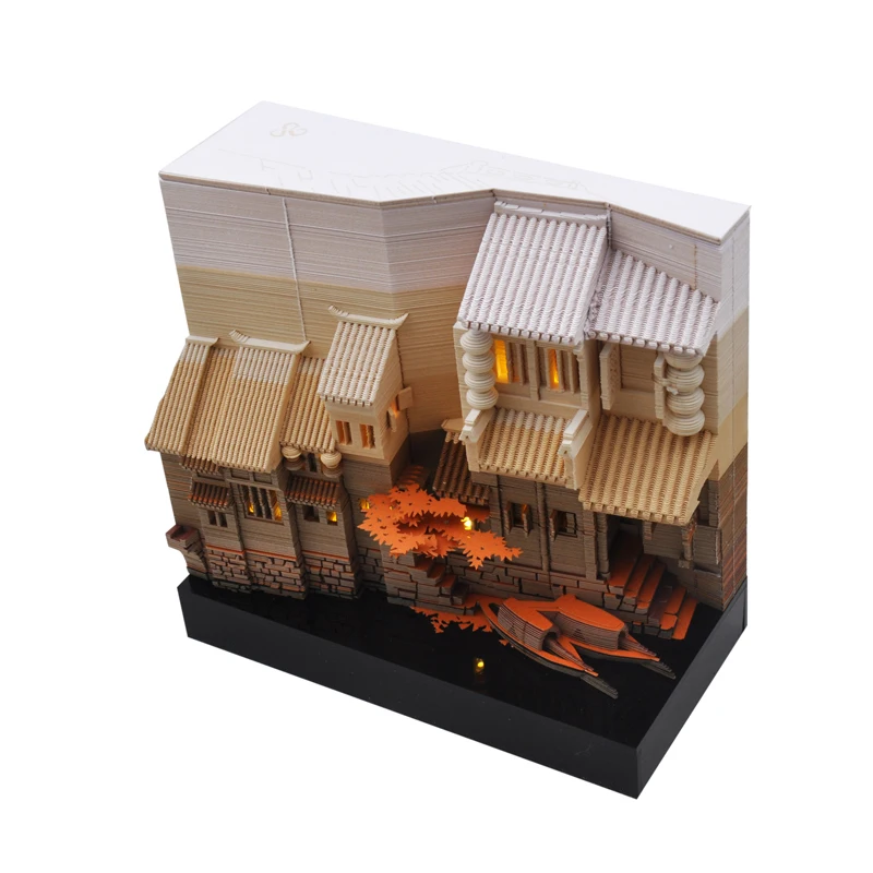 

3D Notes Paper Jiangnan Water Town Model Building Memo Pads Home Decor Note Pad With LED Crafts Toys For Adult Gift Collection