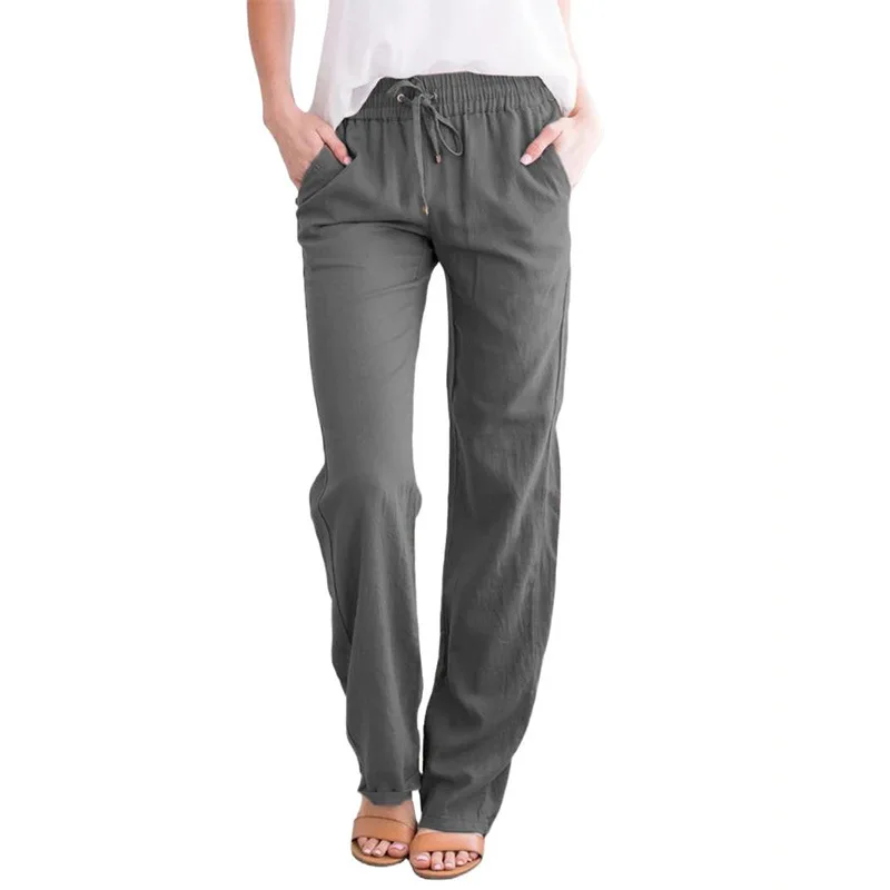 

Spring Summer Women Casual Solid Cotton Linen Pants Loose Wide Leg Pants High Waist Drawstring Trousers