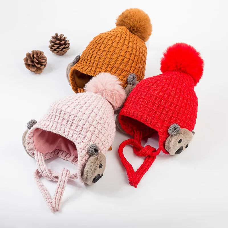Сезон осень-зима 1 шапки для девочек шерстяные с помпоном медведей маленьких