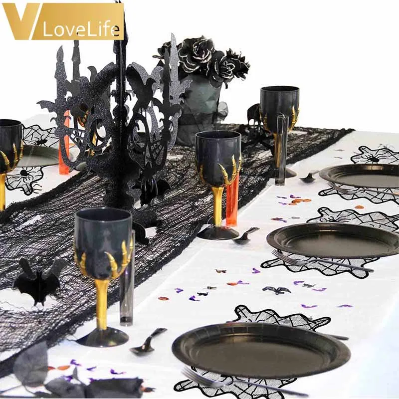 

2PCS Halloween LACE Table Mat Black Cover Spiderweb Tablecloth Table Fireplace Mantle Party Decoration Cup Party Supplies
