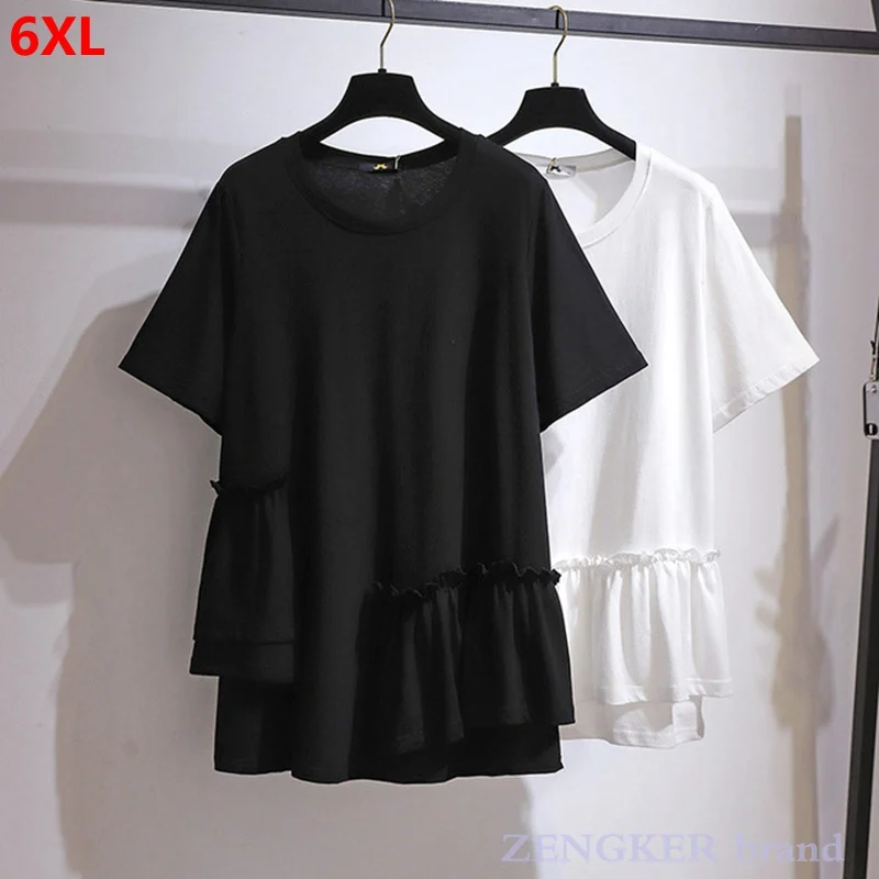 Korean version mid-length thin top ruffle stitching short-sleeved t-shirt summer new plus size women's clothing women black top