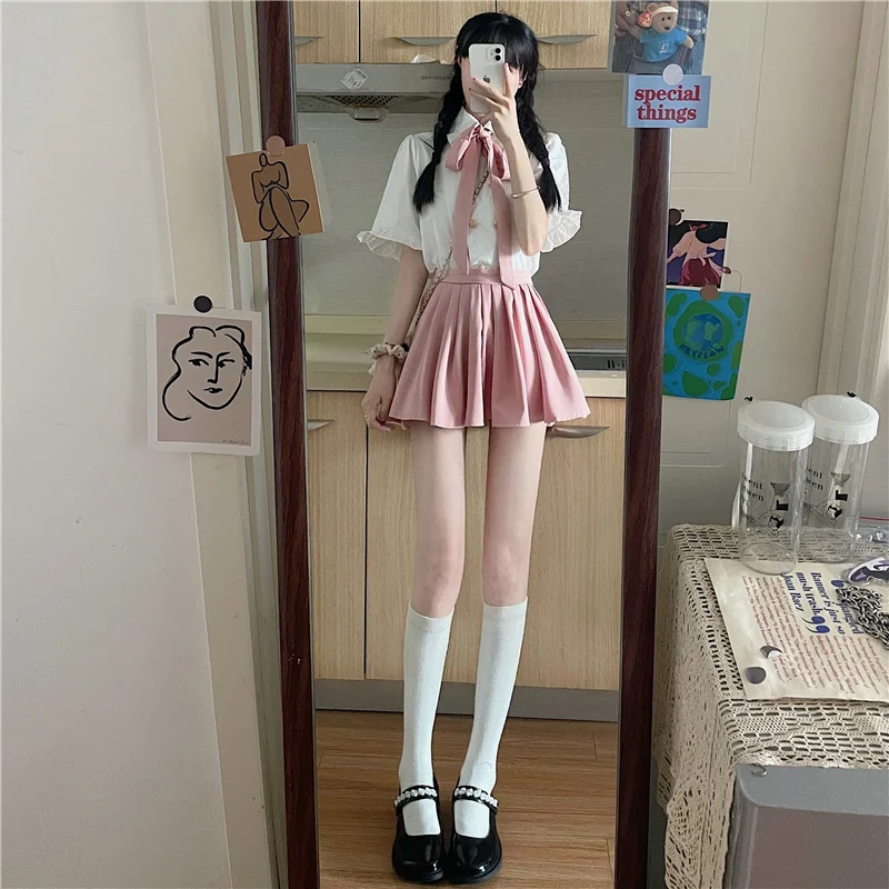 

Sweet Girls School Uniform Japanese Style Ruffle Chiffon Sleeve Pink Bow Thin White Shirts Summer New Kawaii Light Pink Skirts